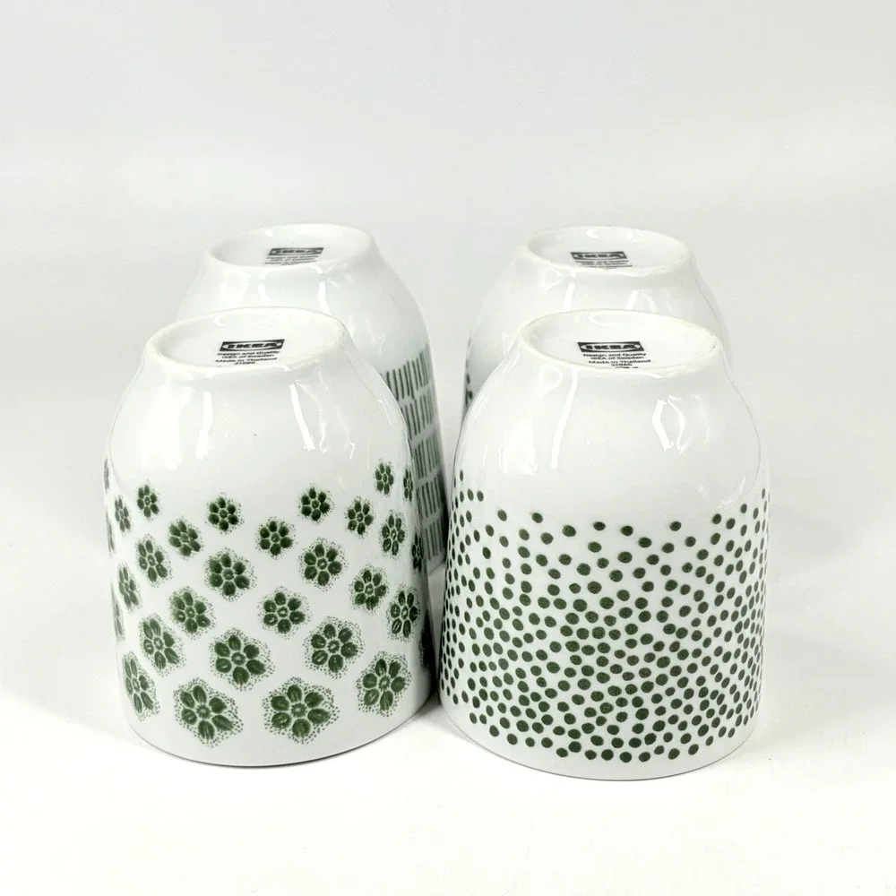 IKEA Entusiasm Mixed Pattern Green Cups Set of 4 Floral Dot Stripe Mugs Tumblers